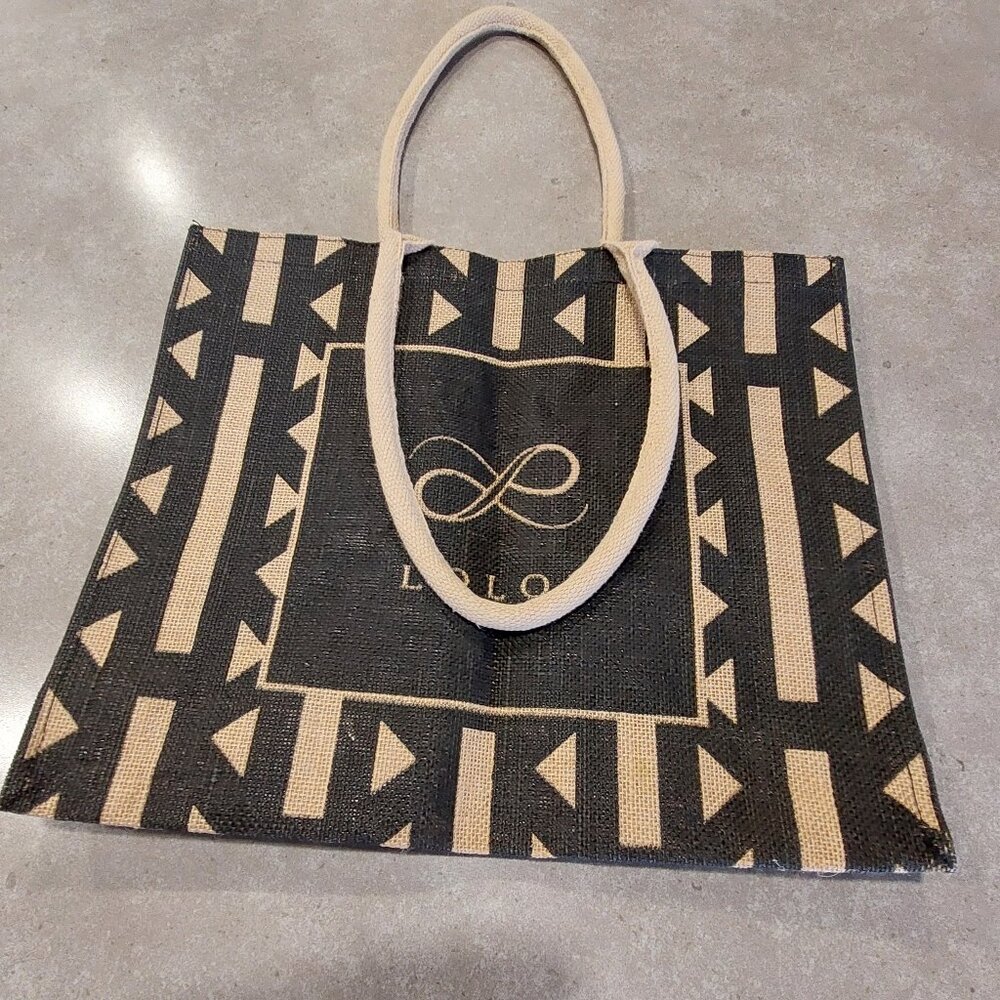 LOLOI Geometric Burlap Jute Shopping Tote Bag w/Sturdy Handles - Black/Tan Large